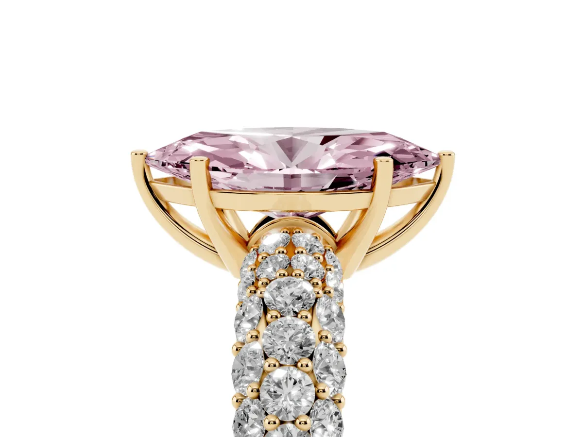 Fancy Pink Marquise Cut Diamond Pavé Band Solitaire Ring with Four-Prong Setting Yellow gold