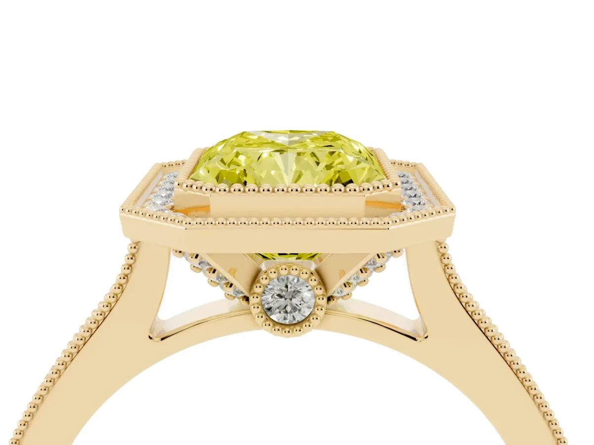 Fancy Yellow Halo Radiant Cut-Cut Diamond Pave Band Milgrain Prong Setting Ring Yellow gold