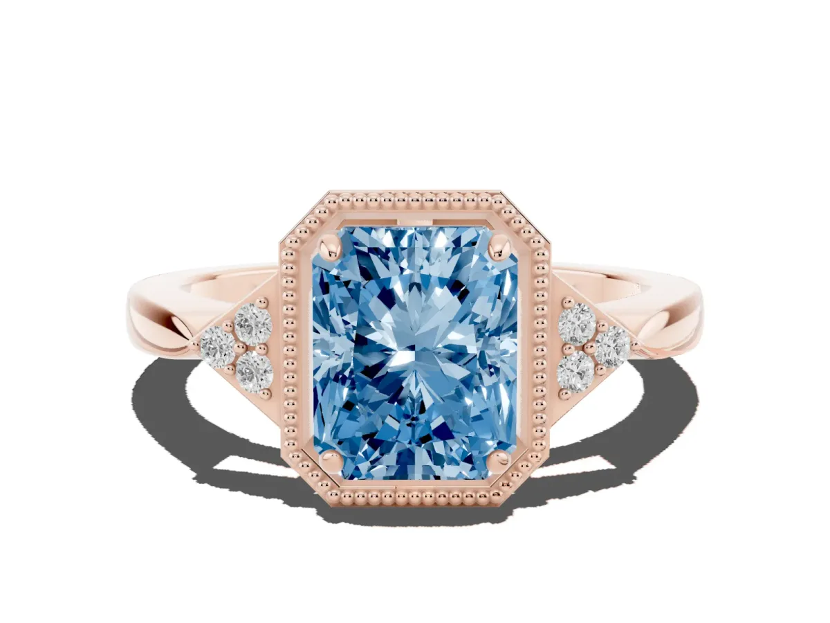 Fancy Blue Hexagonal Halo Radiant Cut Diamond Solitaire with Pavé Band and Four-Prong Setting Rose gold