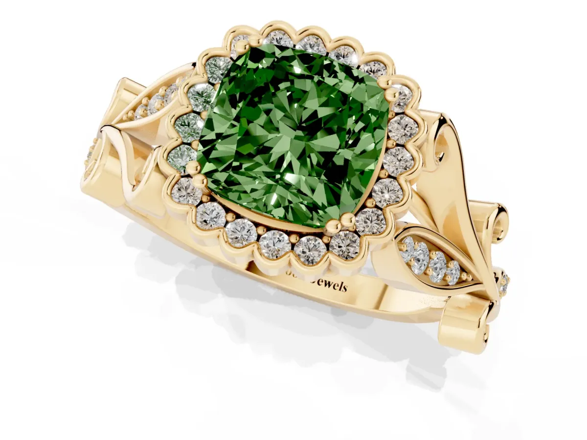 Fancy Green Cushion Cut Diamond Halo Ring with Vintage Split Shank and Four-Prong Setting Yellow gold