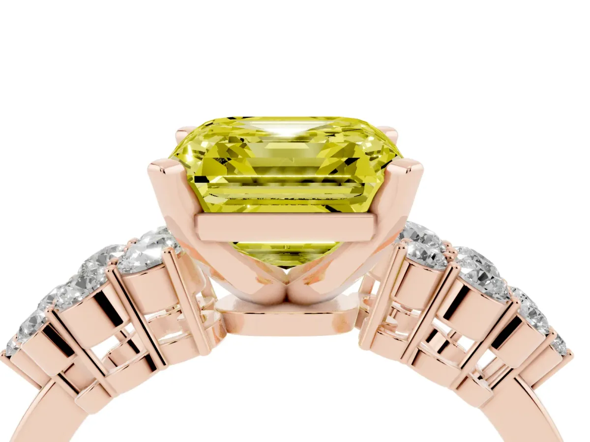Fancy Yellow Asscher Cut Cluster Diamond Engagement Ring with Pavé Band and Four-Prong Setting Rose gold