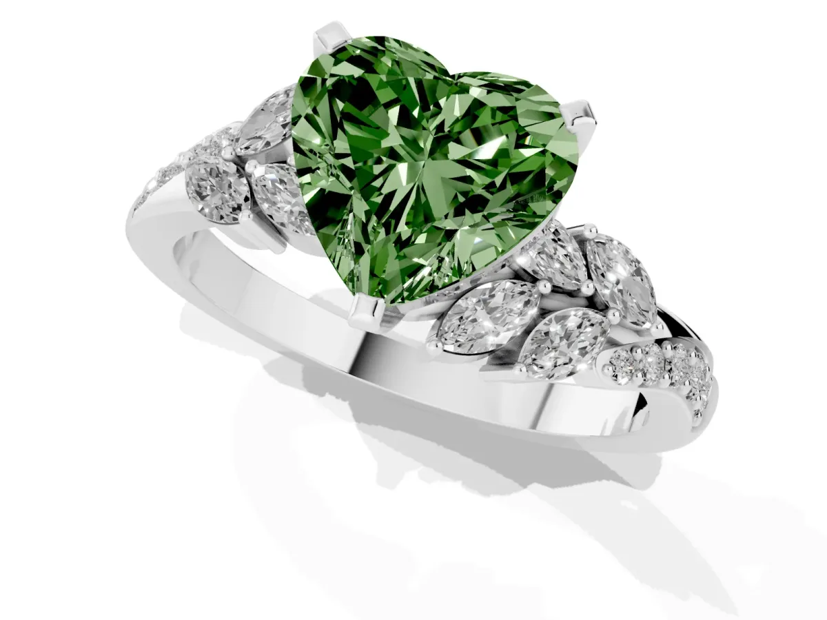 Fancy Green Heart Cut Solitaire Marquise Twist Band with Six-Prong Setting Silver