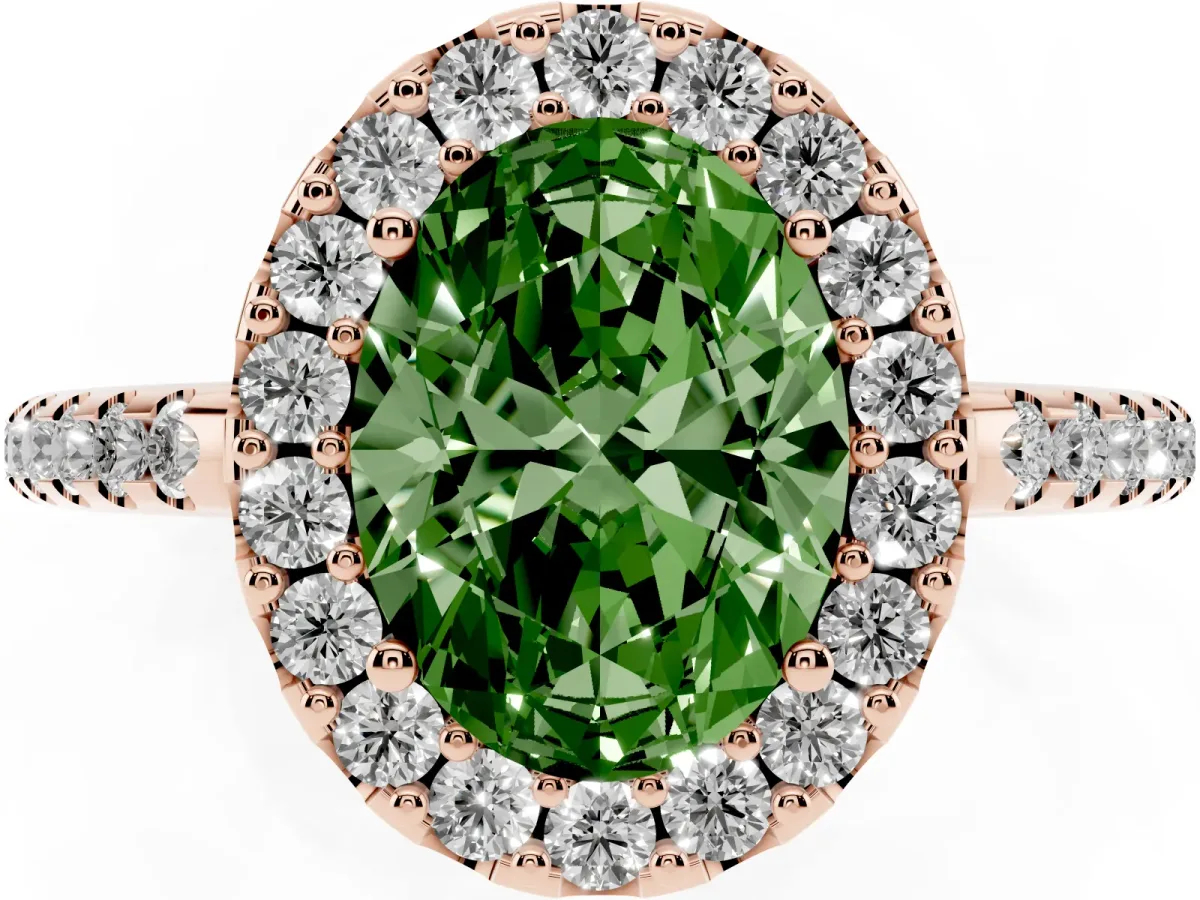 Fancy Green Oval Cut Diamond Pavé Halo Ring with Four-Prong Setting Rose gold