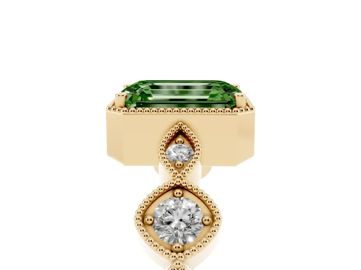 Fancy Green Emerald Cut Diamond Vintage Milgrain Ring with Round Stations Yellow gold