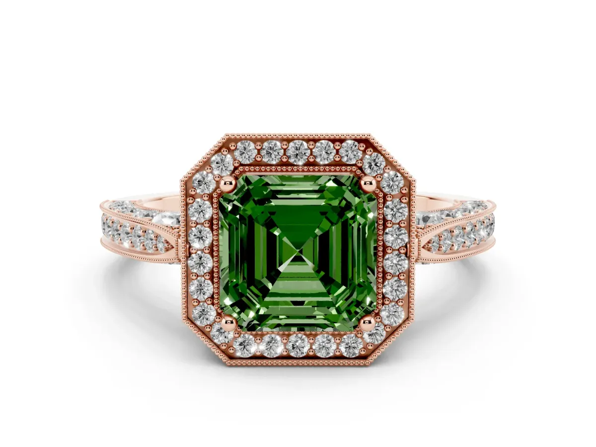 Fancy Green Asscher Cut Halo Diamond Engagement Ring with Split Shank Band and Four-Prong Setting Rose gold