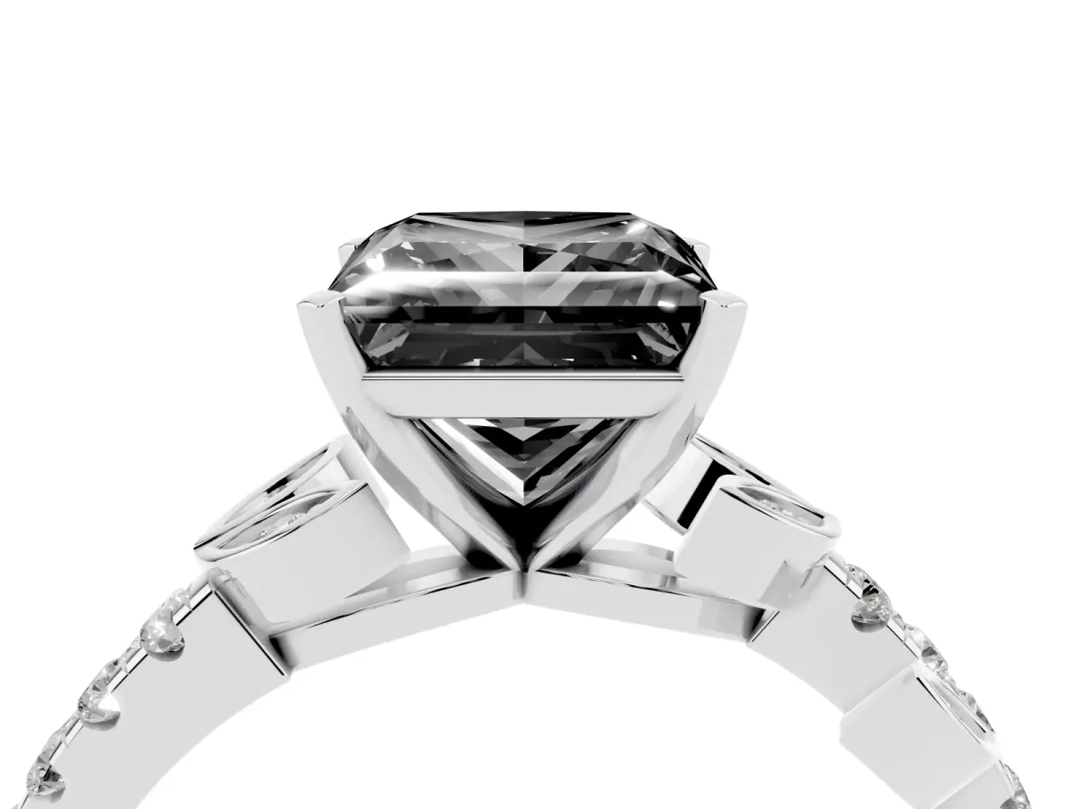 Fancy Black Princess Cut Solitaire Leaf-Inspired Diamond Ring with Pavé Band and Four-Prong Setting Silver