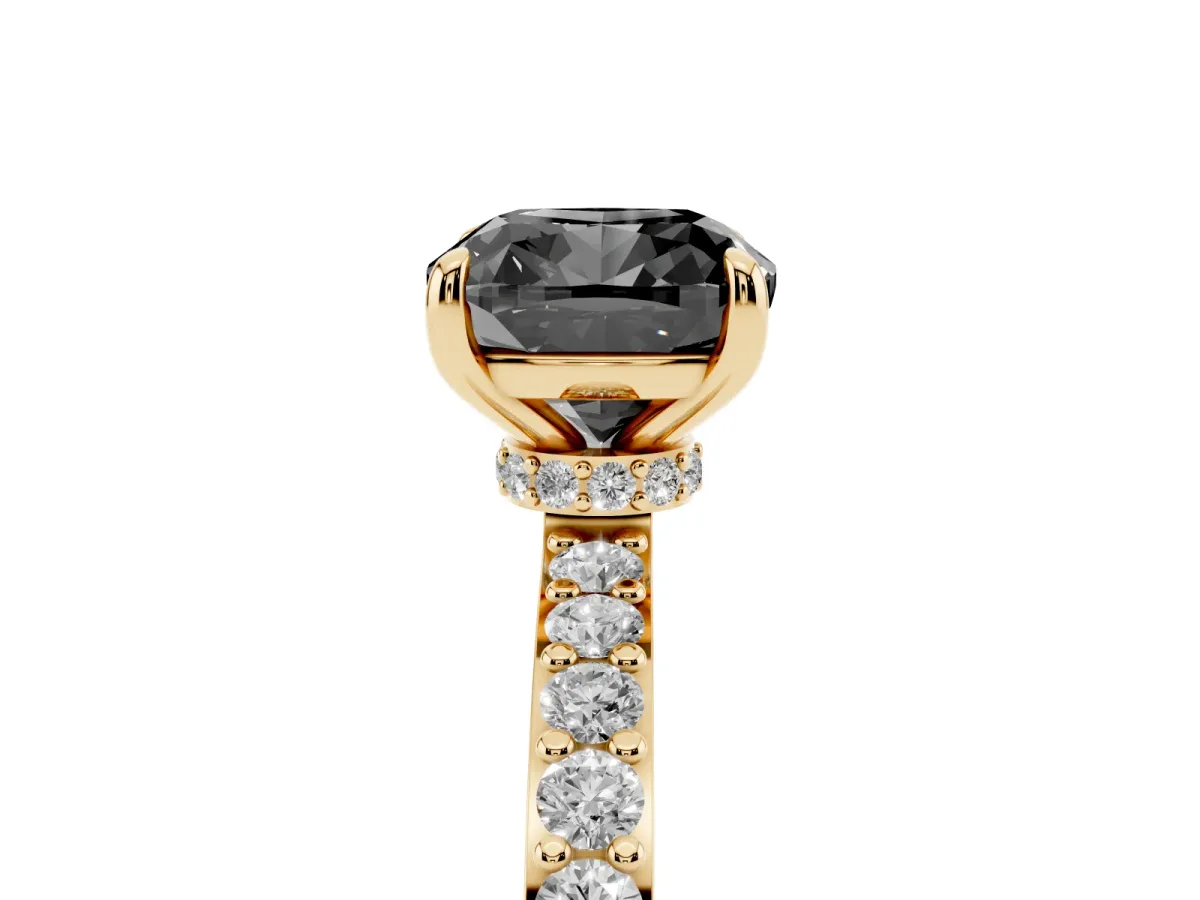 Fancy Black Cushion Cut Diamond Pavé Engagement Ring with Round Accents and Prong Setting Yellow gold