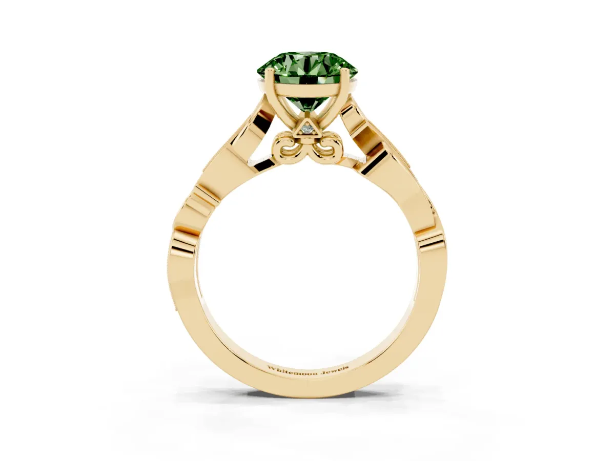 Fancy Green Round Cut Solitaire Vine Band with Milgrain Prong Setting Yellow gold
