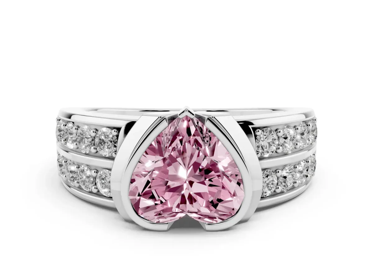 Fancy Pink Heart Cut Brilliant Diamond Channel Set Wide Band Ring with Bezel Setting Platinum