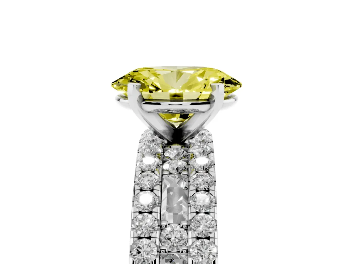 Fancy Yellow Oval Cut Diamond Solitaire Ring with Pavé and Channel Set Band Silver