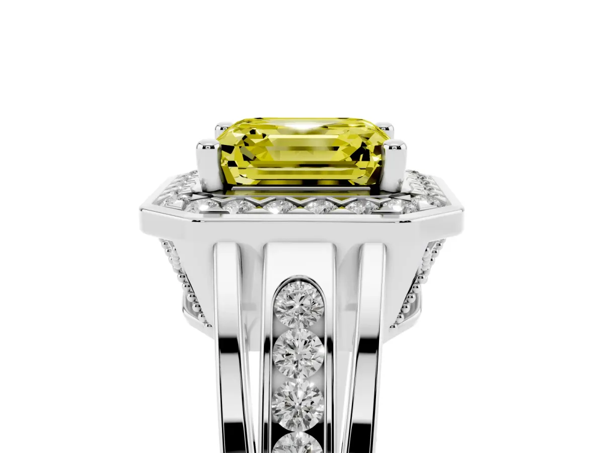 Fancy Yellow Asscher Cut Diamond Halo Ring with Split Shank and Bezel Accents and Prong Setting Silver