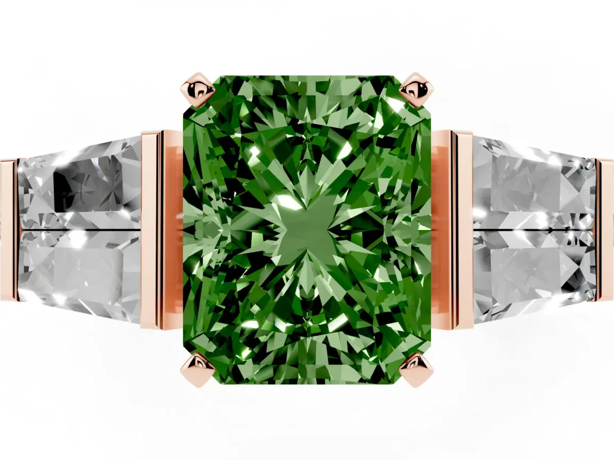 Fancy Green Radiant Cut Diamond Engagement Ring with Baguette Side Stones and Channel Set Band Rose gold