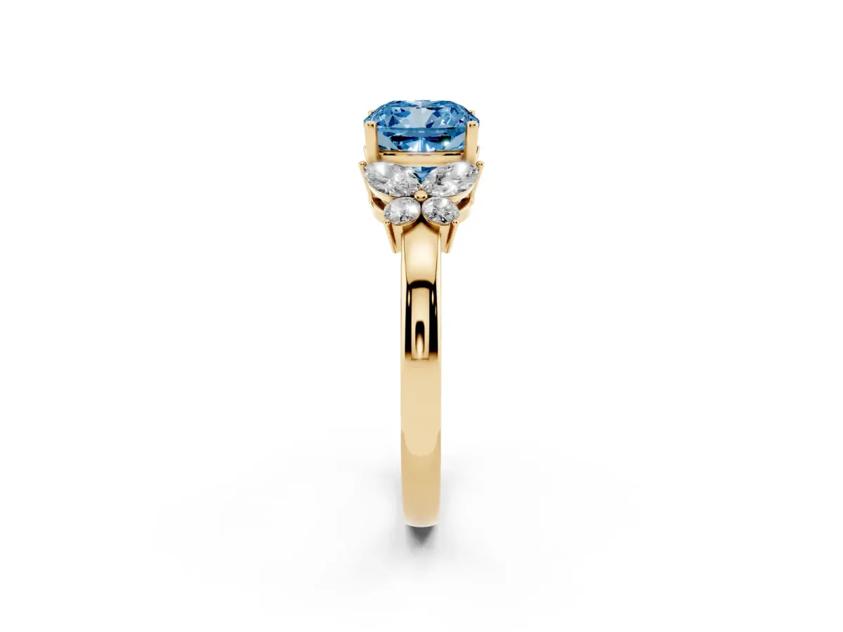 Fancy Blue Cushion Cut Cut Solitaire Floral Diamond Ring with Four-Prong Setting Yellow gold