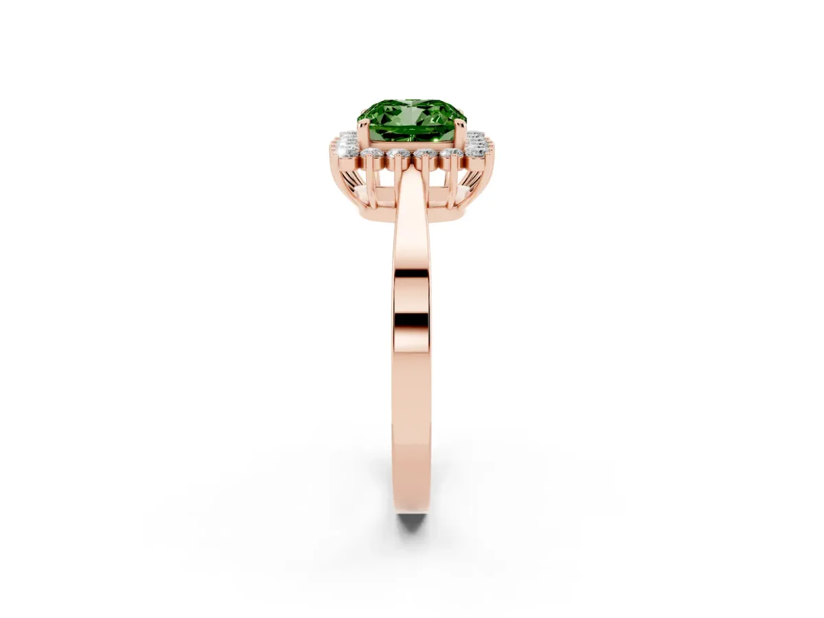 Fancy Green Cushion Cut Cut Diamond Halo Ring with Round Brilliant Halo and Solitaire Band Rose gold