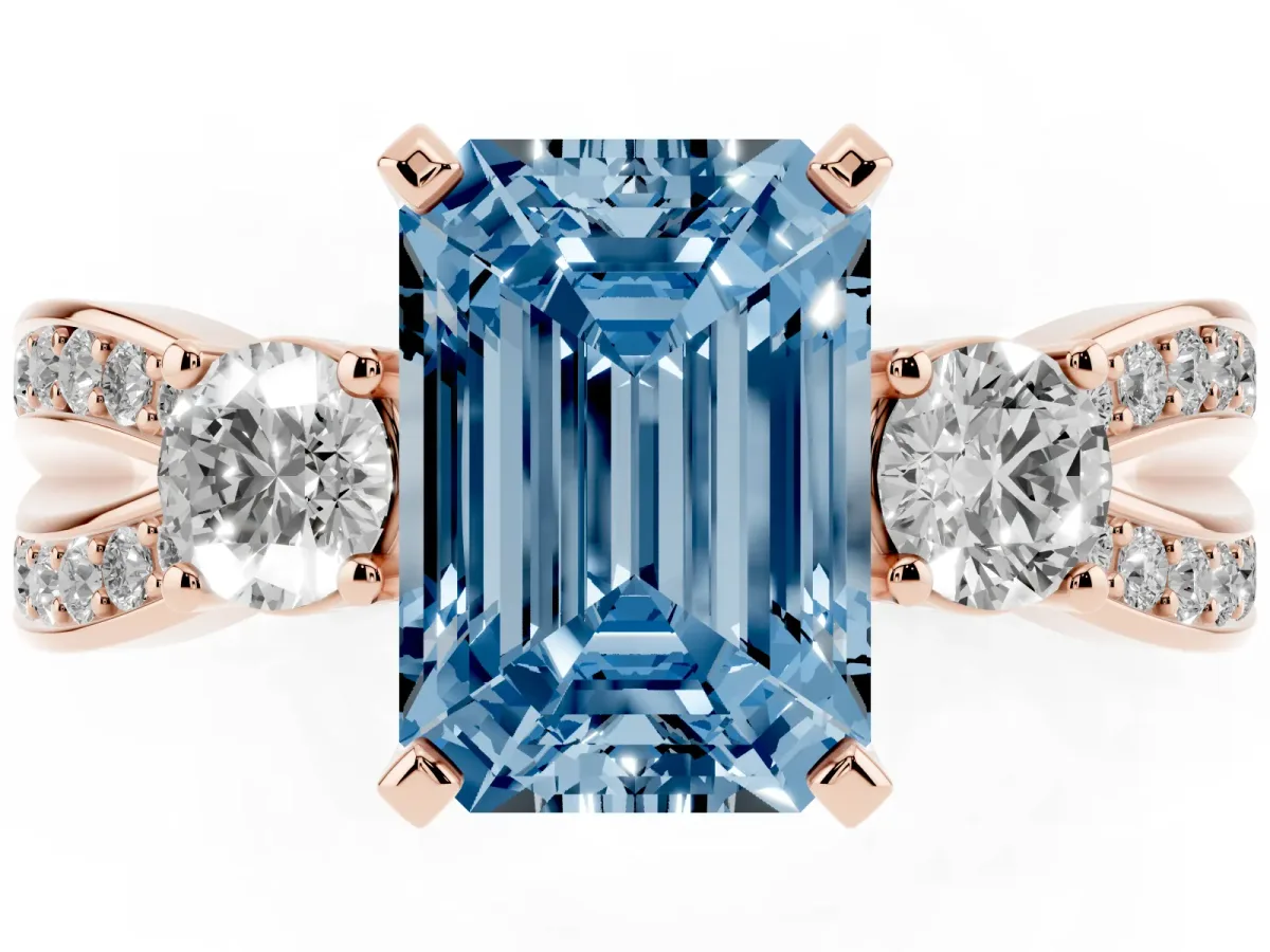 Fancy Blue Three-Stone Emerald Cut Cut Diamond Twist Band with Prong Setting Rose gold
