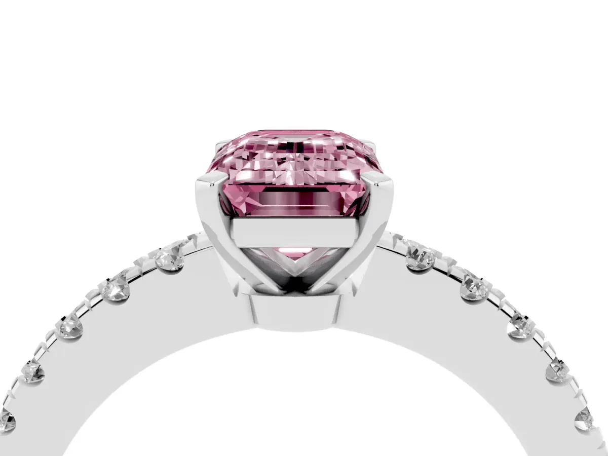 Fancy Pink Emerald Cut Solitaire Diamond with Pavé Band and Four-Prong Setting Silver
