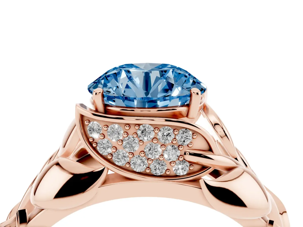 Fancy Blue Round Cut Diamond Leaf-Inspired Engagement Ring with Round Accents and Prong Setting Rose gold