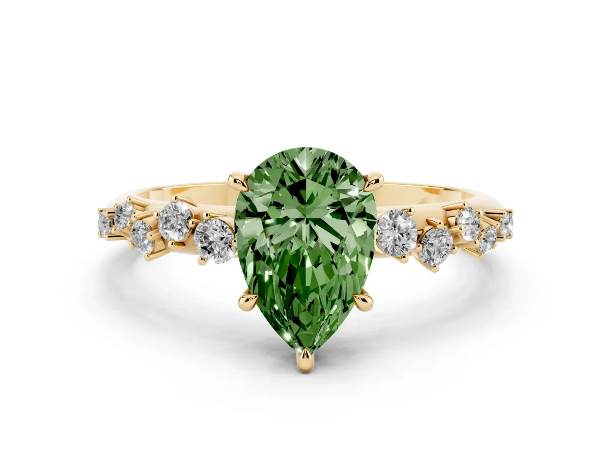 Fancy Green Pear Cut Diamond Cluster Side Stone Solitaire Ring with Prong Setting Yellow gold