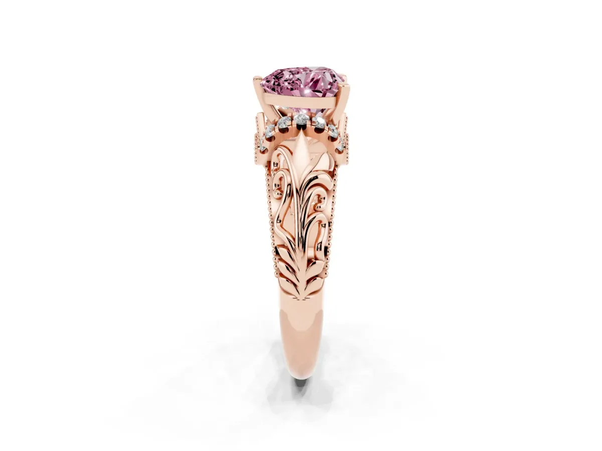 Fancy Pink Heart Cut Solitaire Filigree Engagement Ring with Halo and Prong Setting Rose gold