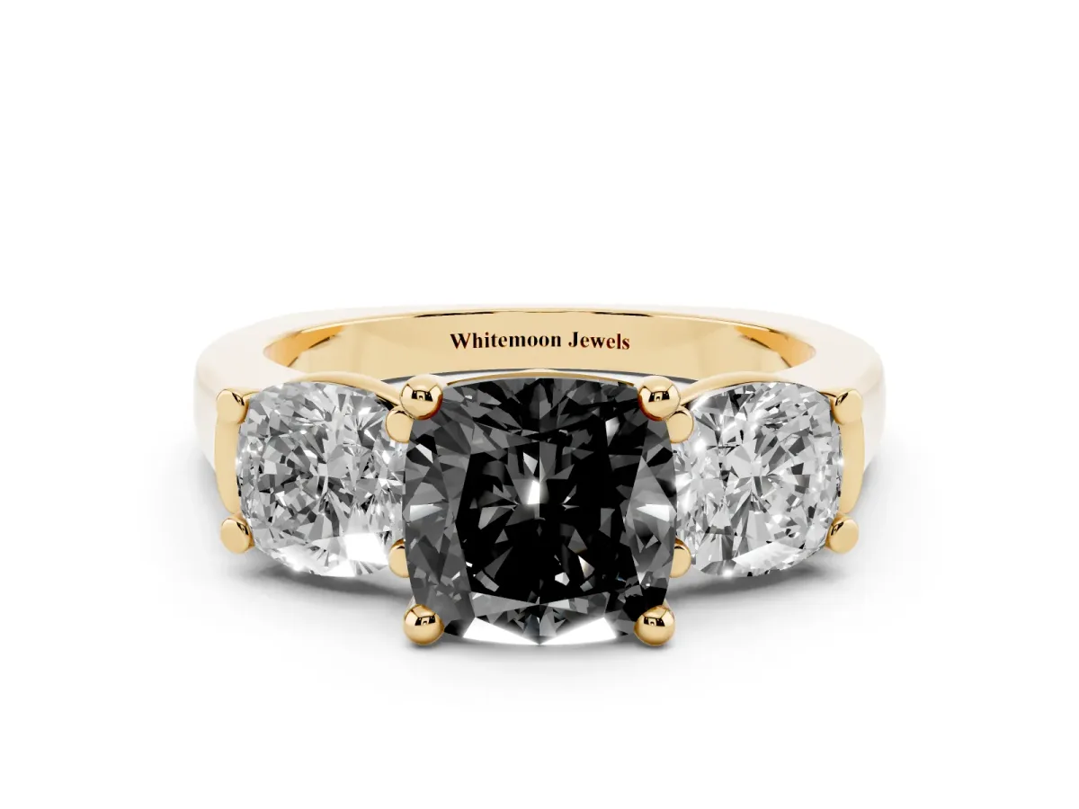 Fancy Black Three-Stone Cushion Cut Brilliant Diamond Trellis Ring with Comfort Fit Band Yellow gold