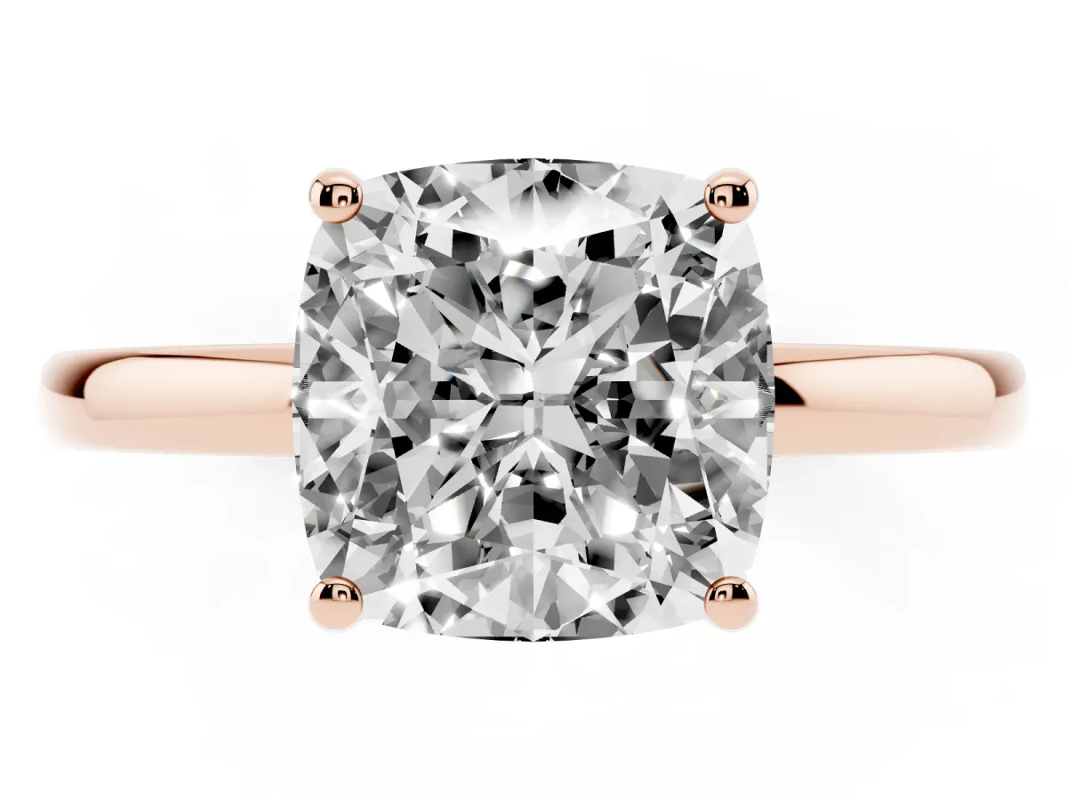 Cushion Cut Solitaire Diamond Ring with Prong Setting and Plain Band Rose gold
