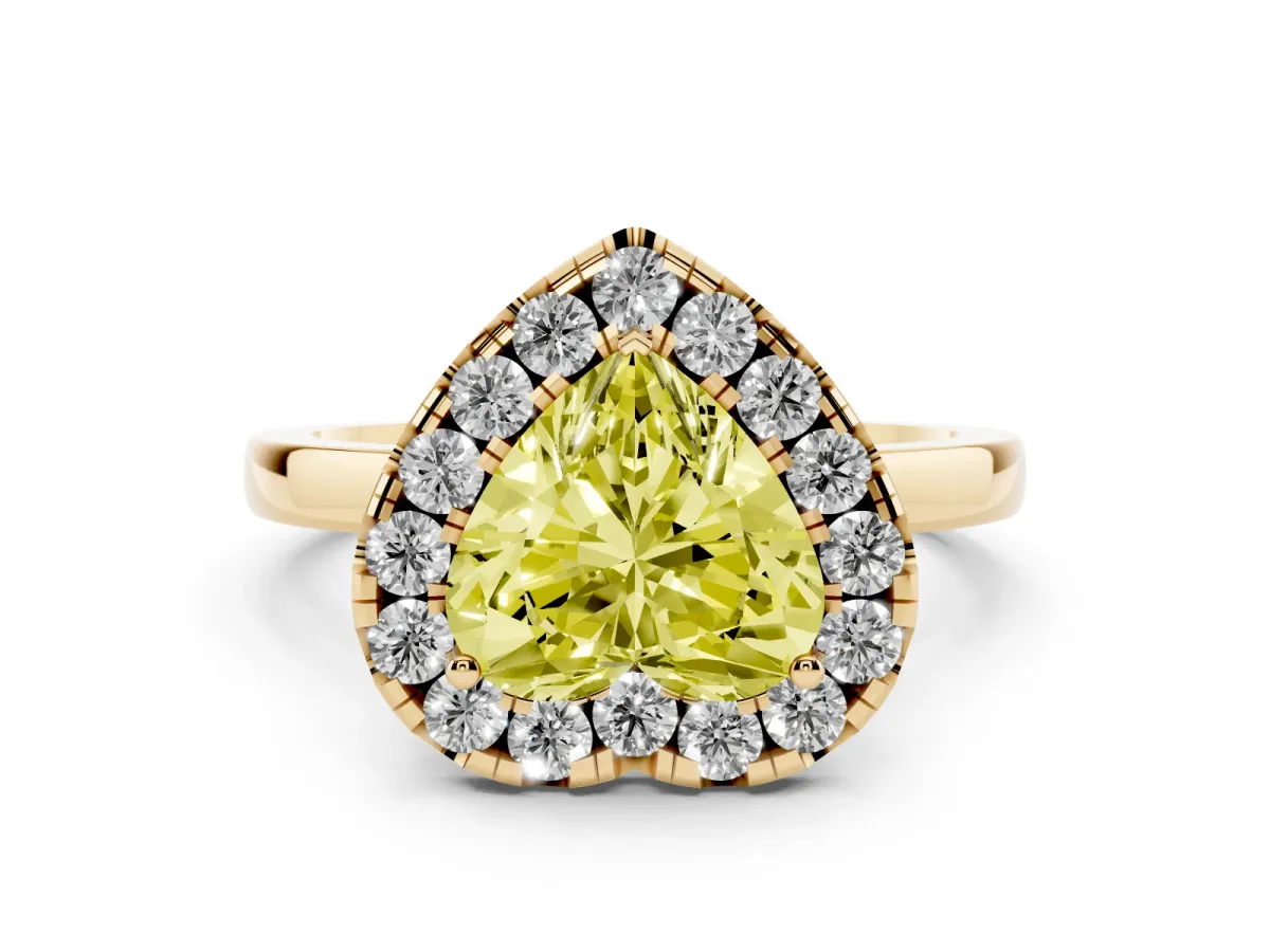 Fancy Yellow Heart Cut Halo Diamond Solitaire with Pavé Band and Four-Prong Setting Yellow gold