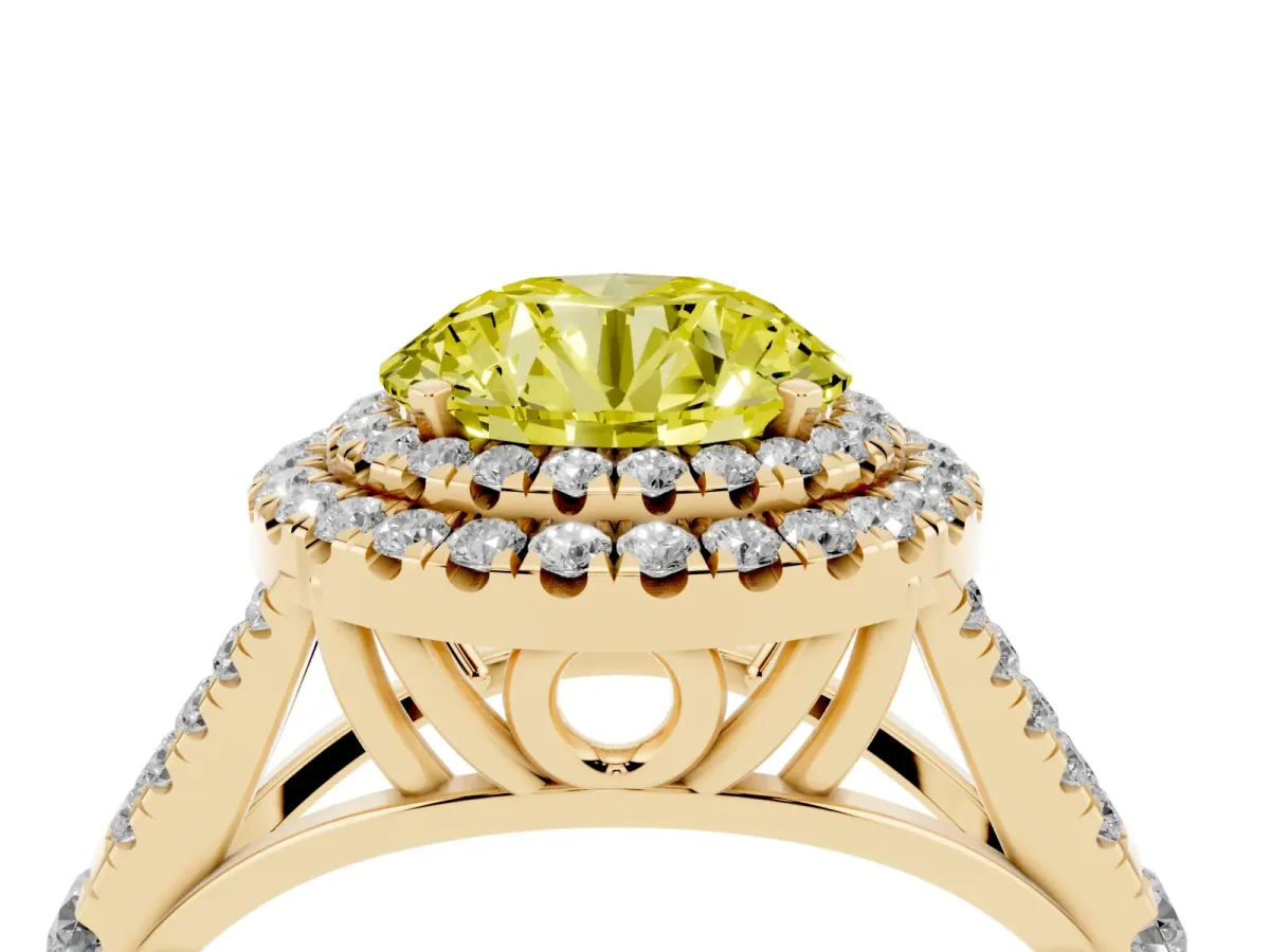Fancy Yellow Round Cut Cut Double Halo Split Shank Diamond Ring with Prong Setting Yellow gold
