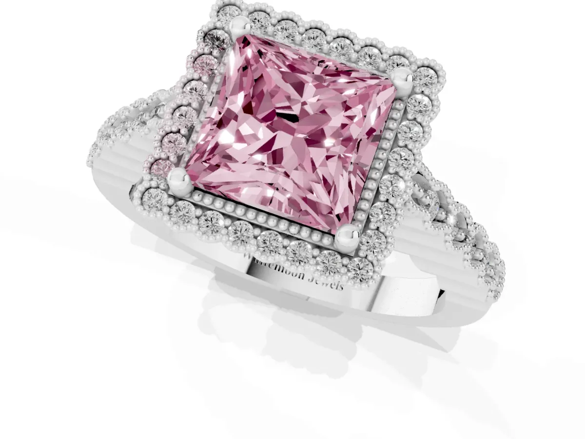 Fancy Pink Princess Cut Cut Halo Pavé Solitaire Ring with Milgrain Band White gold