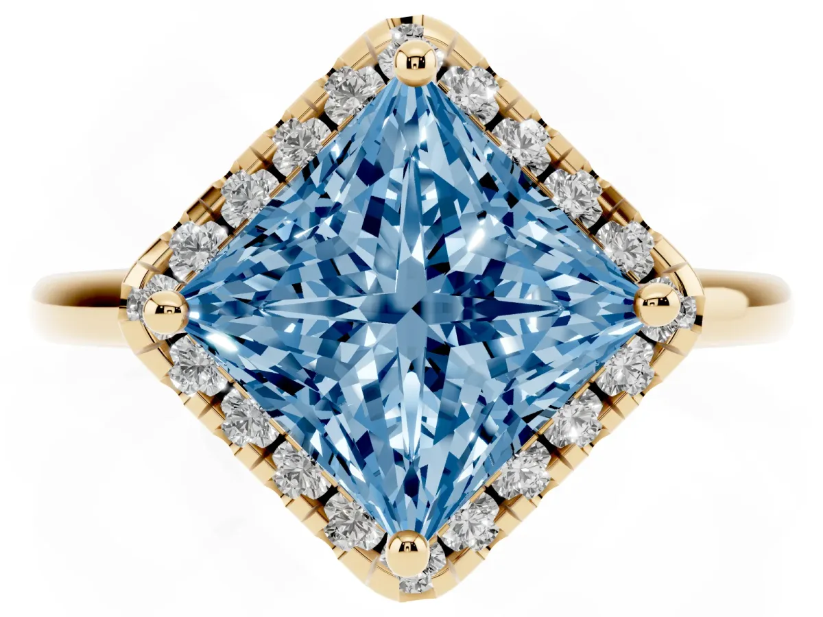 Fancy Blue Princess Cut Halo Round Diamond Solitaire Engagement Ring with Pave Band and Four-Prong Setting Yellow gold