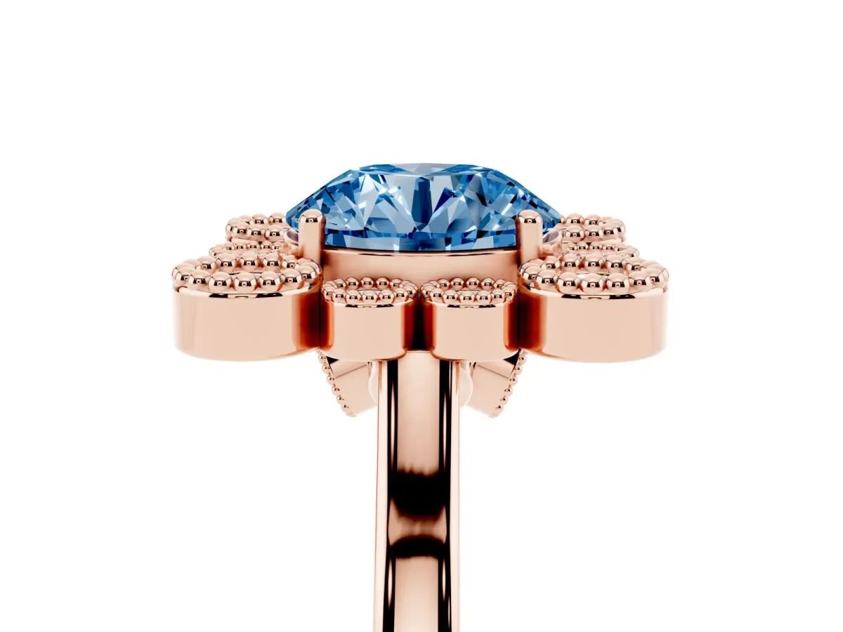 Fancy Blue Round Cut Halo Diamond Cluster Engagement Ring with Milgrain Bezel Setting and Solitaire Band Rose gold