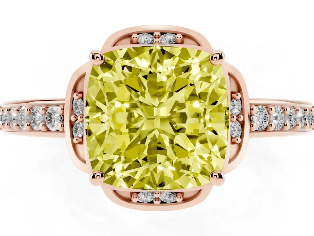 Fancy Yellow Cushion Cut Cut Halo Diamond Ring with Channel Set Band and Four-Prong Setting Rose gold