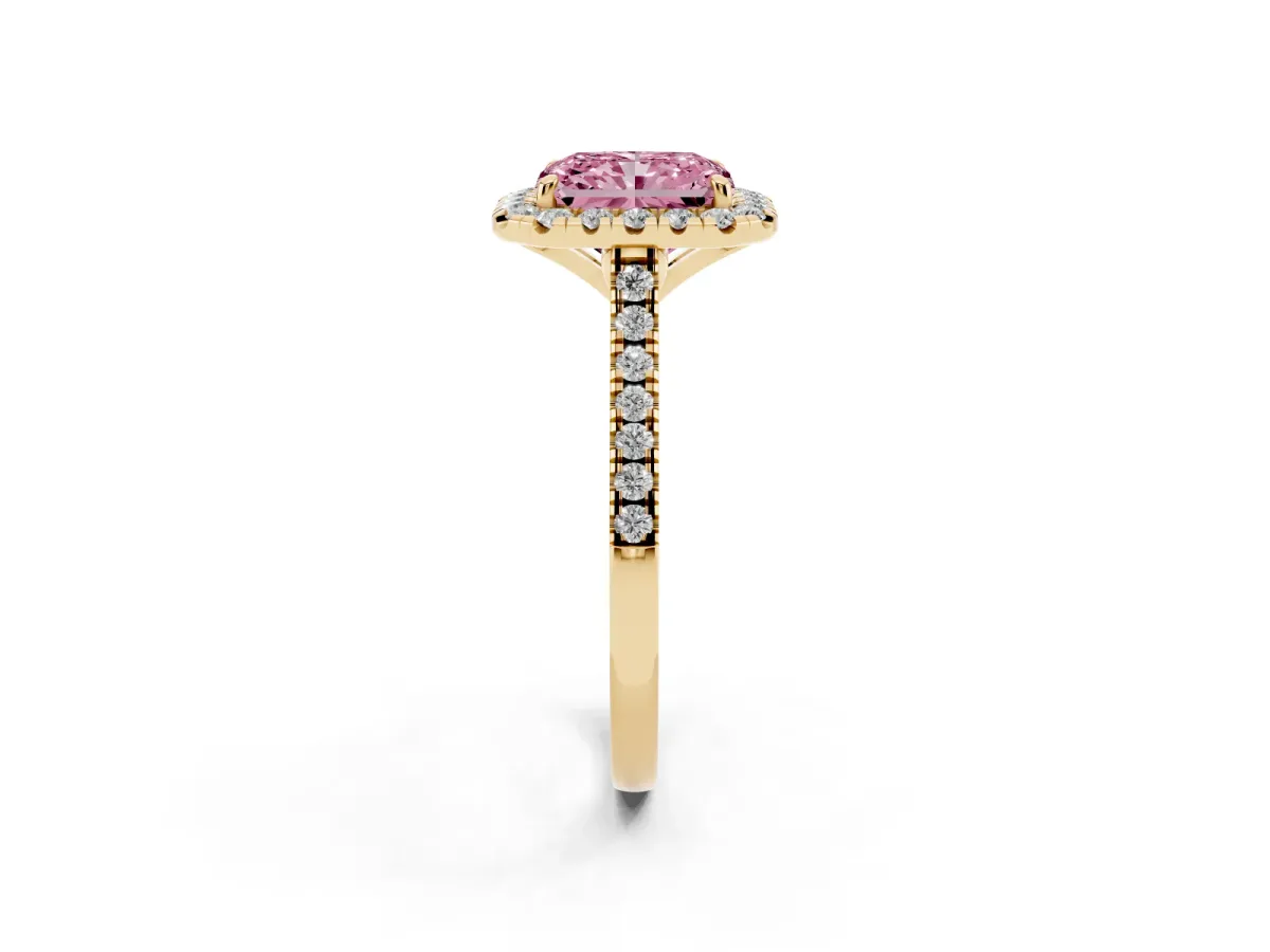Fancy Pink Radiant Cut Diamond Cushion Halo Ring with Pavé Band Yellow gold