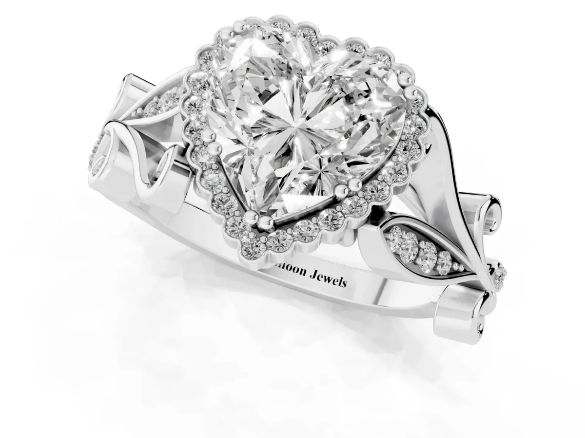 Heart Cut Diamond Halo Ring with Vintage Split Shank and Four-Prong Setting Silver