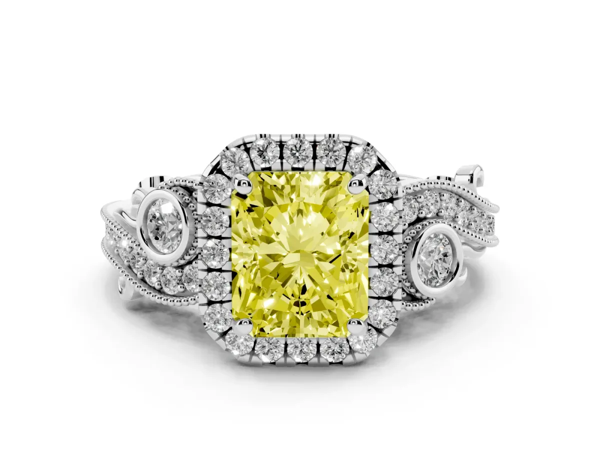 Fancy Yellow Radiant Cut Diamond Halo Ring with Milgrain Pavé Band and Four-Prong Setting Silver