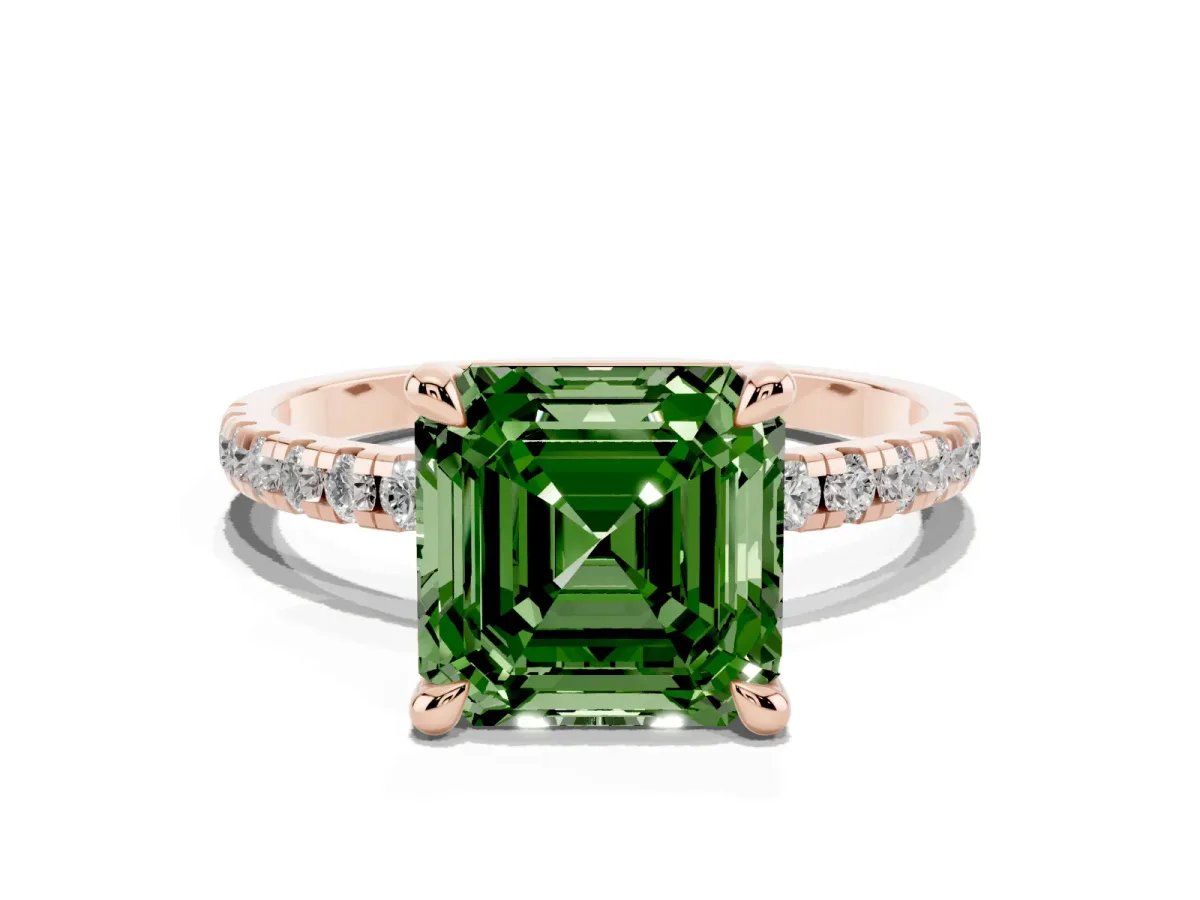 Fancy Green Asscher Cut Diamond Brilliant Solitaire Ring with Pavé Band and Four-Prong Setting Rose gold
