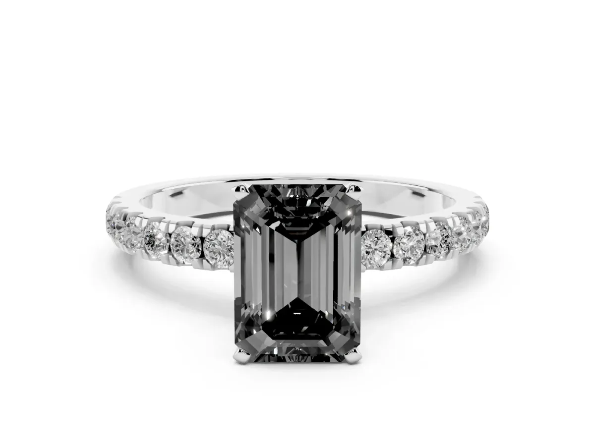 Fancy Black Emerald Cut Diamond Solitaire Ring with Pavé Accents and Four-Prong Setting Silver