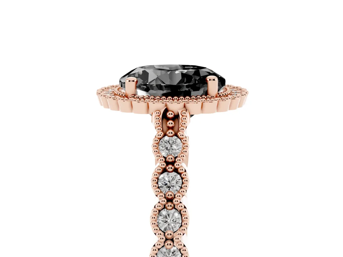 Fancy Black Round Cut Cut Halo Pavé Solitaire Ring with Milgrain Band Rose gold