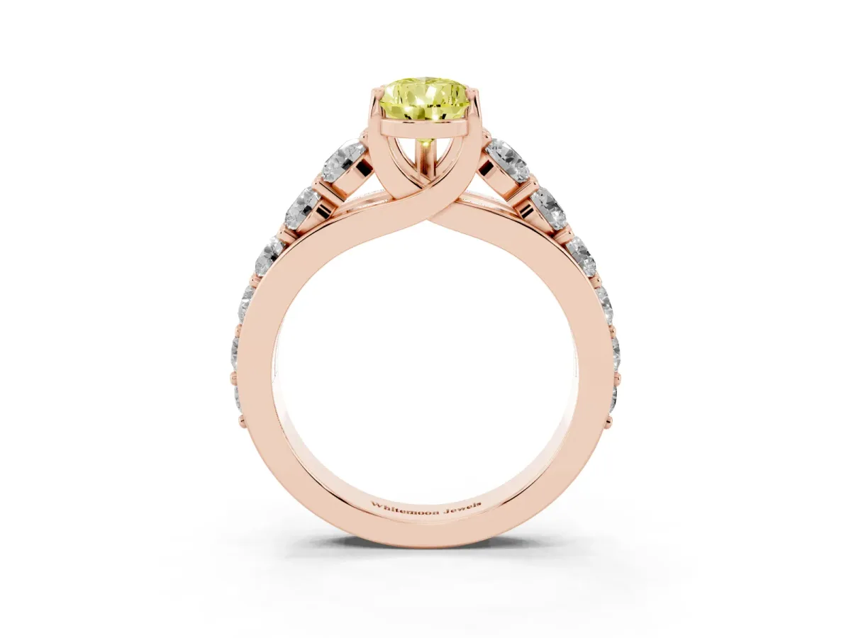 Fancy Yellow Pear Cut Diamond Engagement Ring with Pavé Band and Four-Prong Setting Rose gold