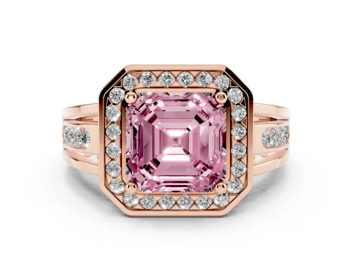 Fancy Pink Asscher Cut Diamond Halo Ring with Split Shank and Bezel Accents and Prong Setting Rose gold