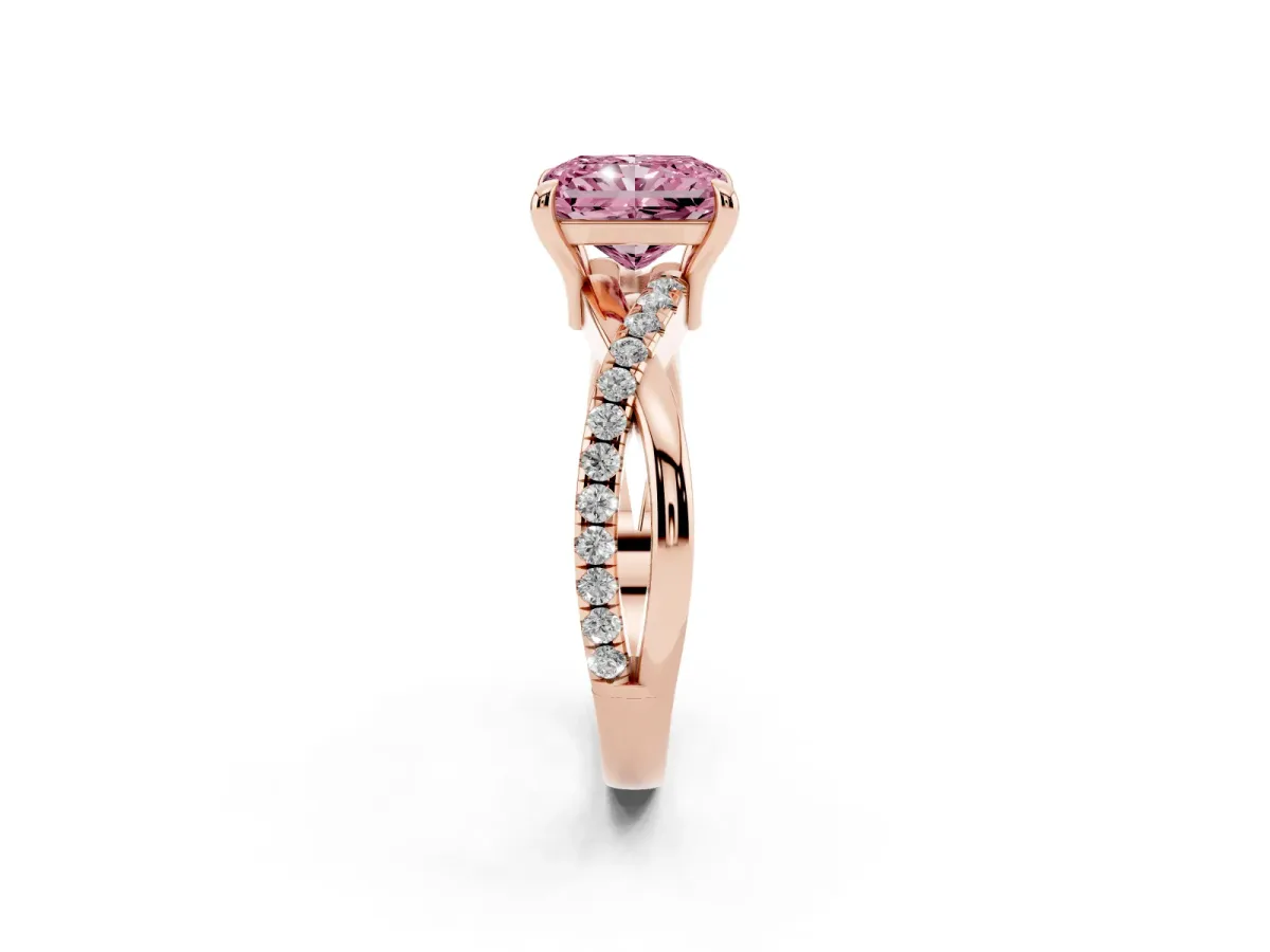 Fancy Pink Radiant Cut Cut Diamond Twist Band Solitaire with Prong Setting Rose gold