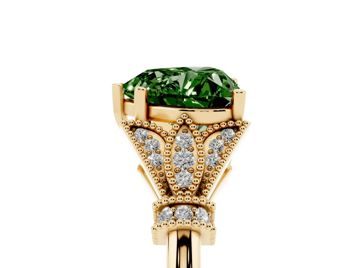 Fancy Green Heart Cut Diamond Solitaire Ring with Floral Filigree and Pave Accents Yellow gold