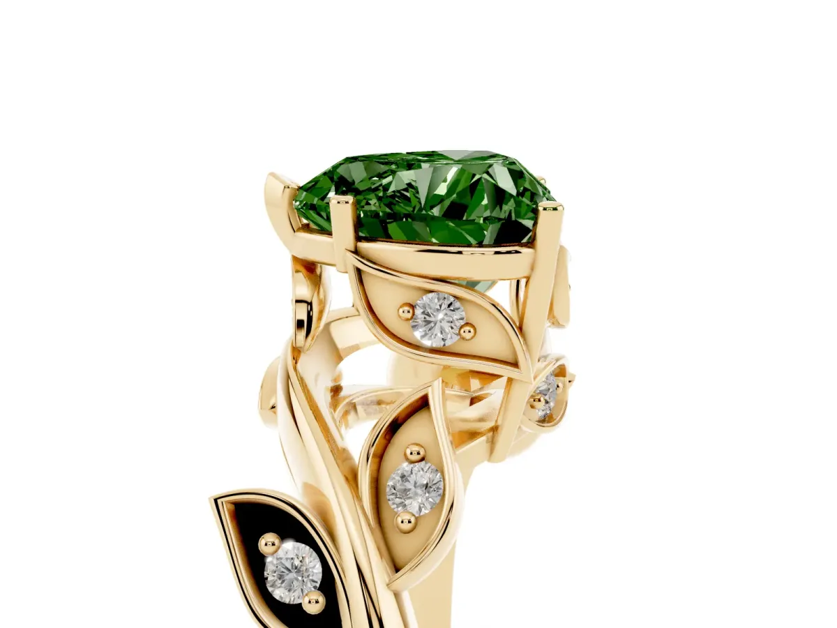 Fancy Green Heart Cut Solitaire Twist Engagement Ring with Leaf Accents and Prong Setting Yellow gold