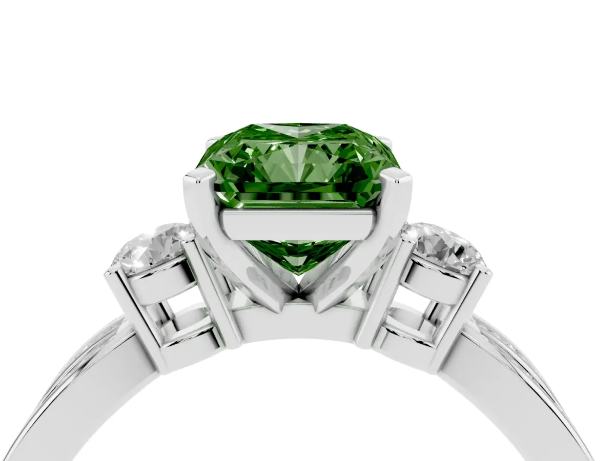 Fancy Green Three-Stone Radiant Cut Cut Diamond Twist Band with Prong Setting Silver
