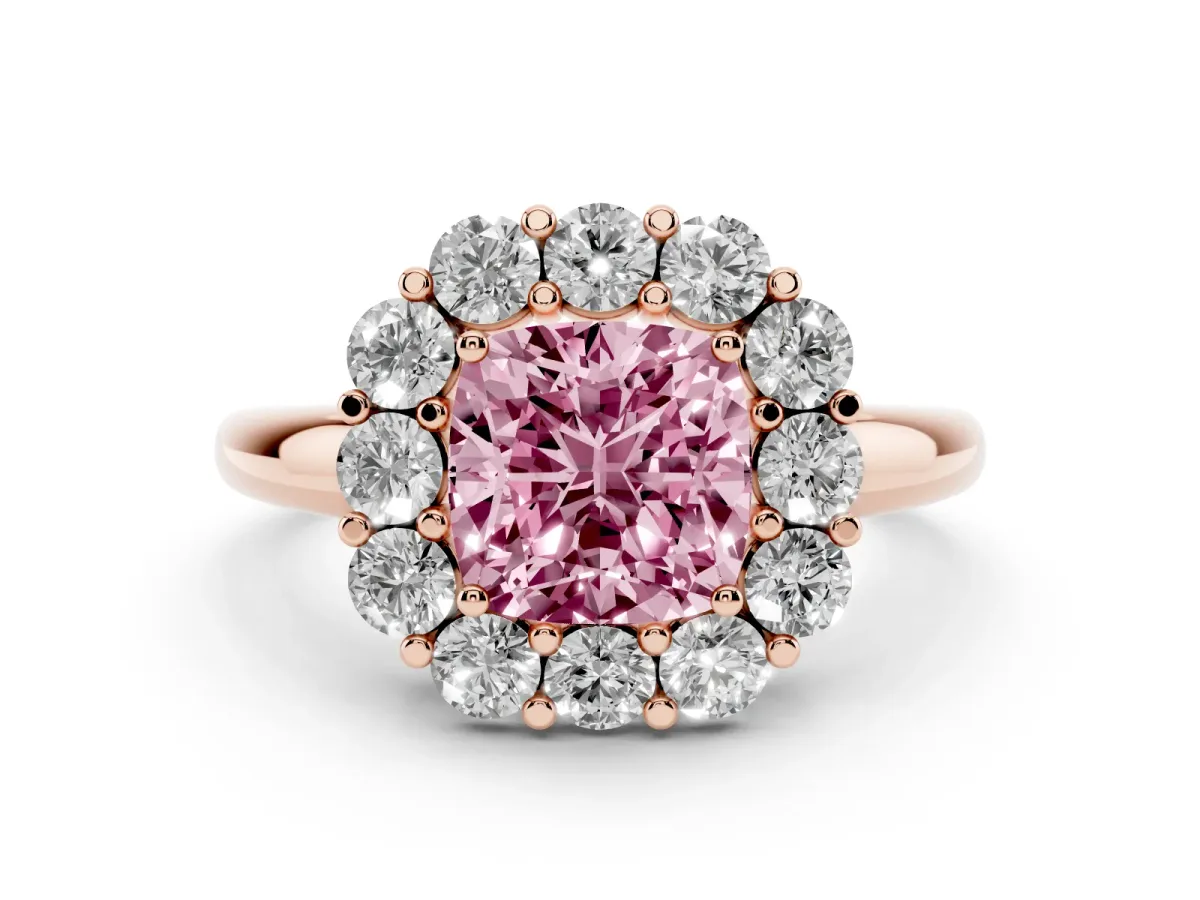 Fancy Pink Cushion Cut Halo Cluster Diamond Engagement Ring with Prong Setting and Polished Band Rose gold