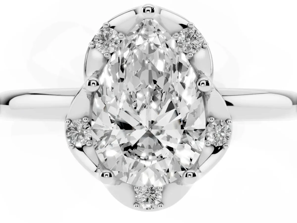 Pear Cut Halo Diamond Ring with Round Cluster Setting, Solitaire Band, and Four-Prong Setting Silver