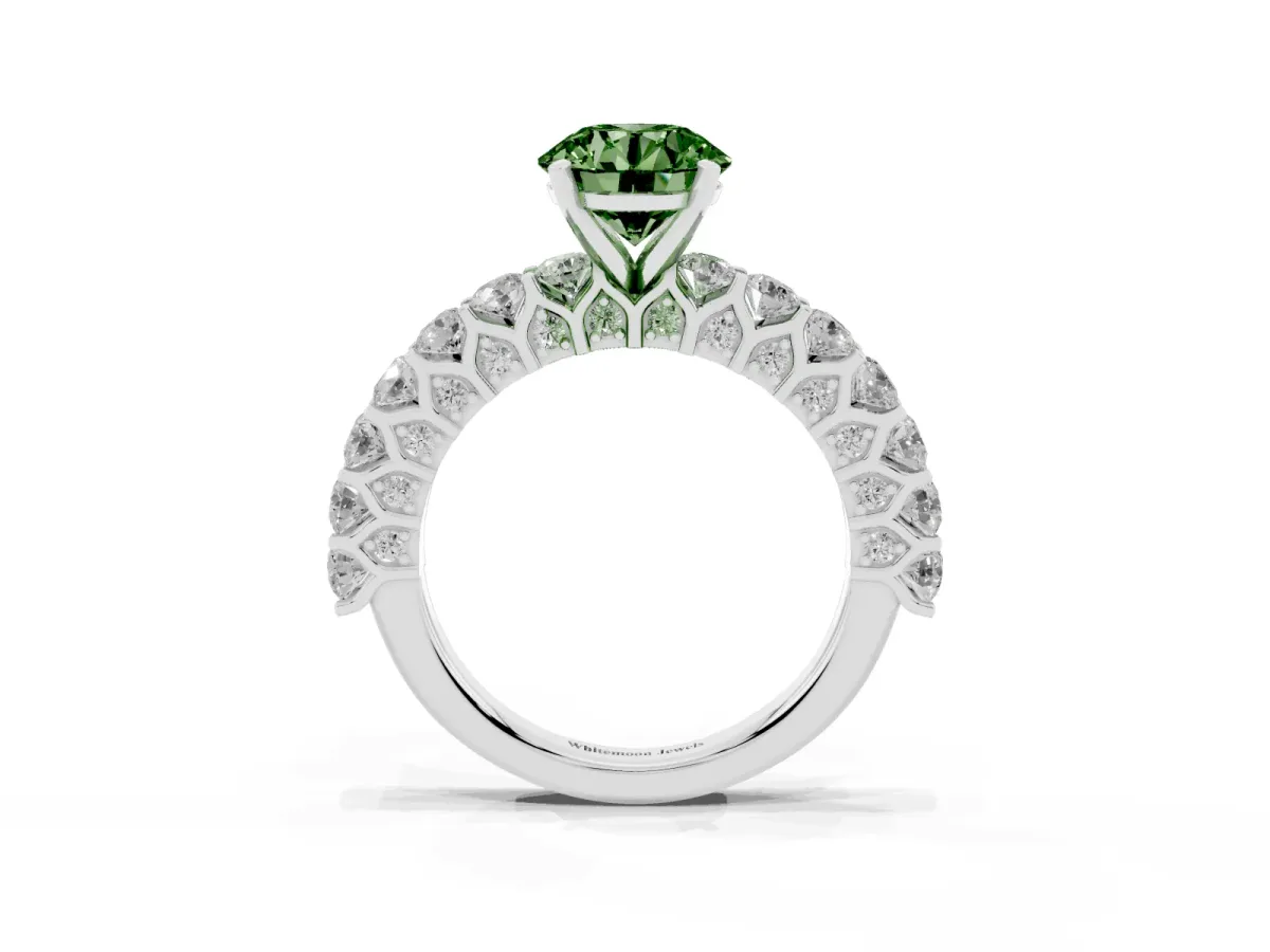 Fancy Green Round Cut Diamond Solitaire Ring with Shared Prong Pavé Band and Four-Prong Setting Silver
