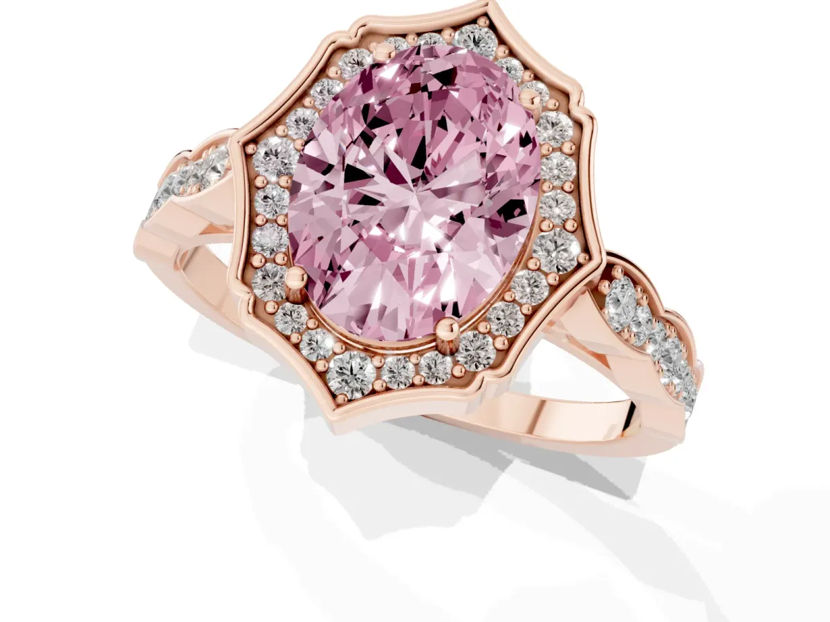 Fancy Pink Oval Cut Halo Diamond Engagement Ring with Milgrain Band and Four-Prong Setting Rose gold