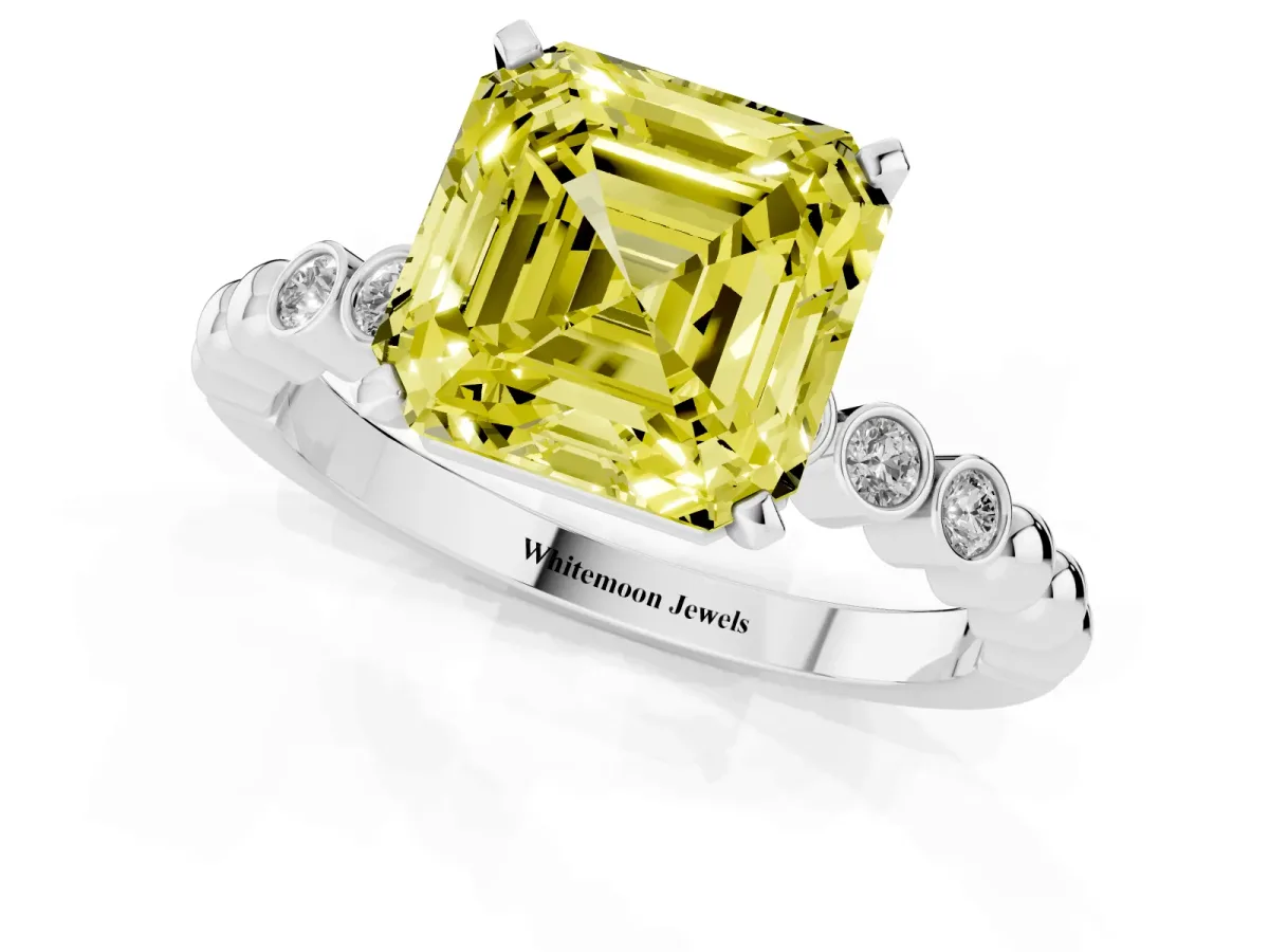 Fancy Yellow Asscher Cut Solitaire Bezel Accent Diamond Engagement Ring with Beaded Band and Four-Prong Setting White gold