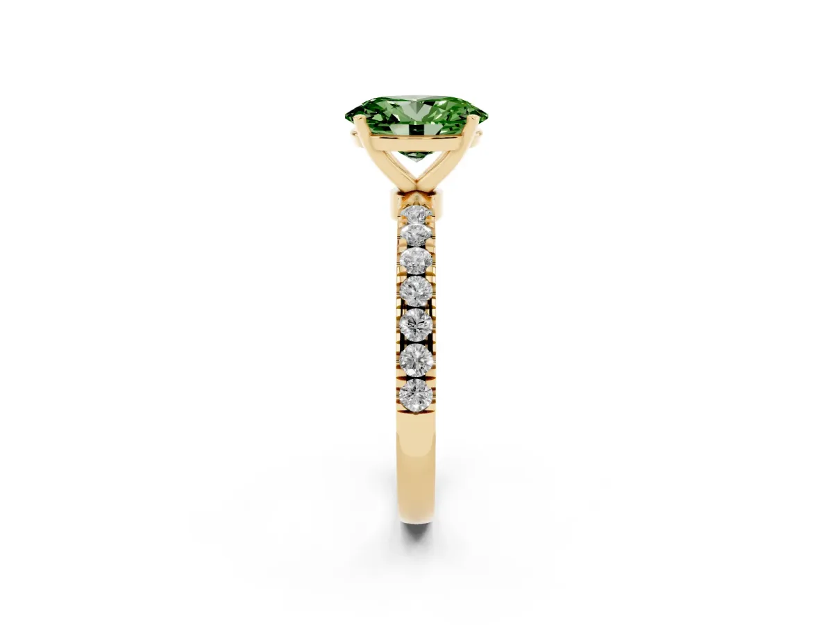 Fancy Green Oval Cut Diamond Solitaire Ring with Pavé Accents and Four-Prong Setting Yellow gold