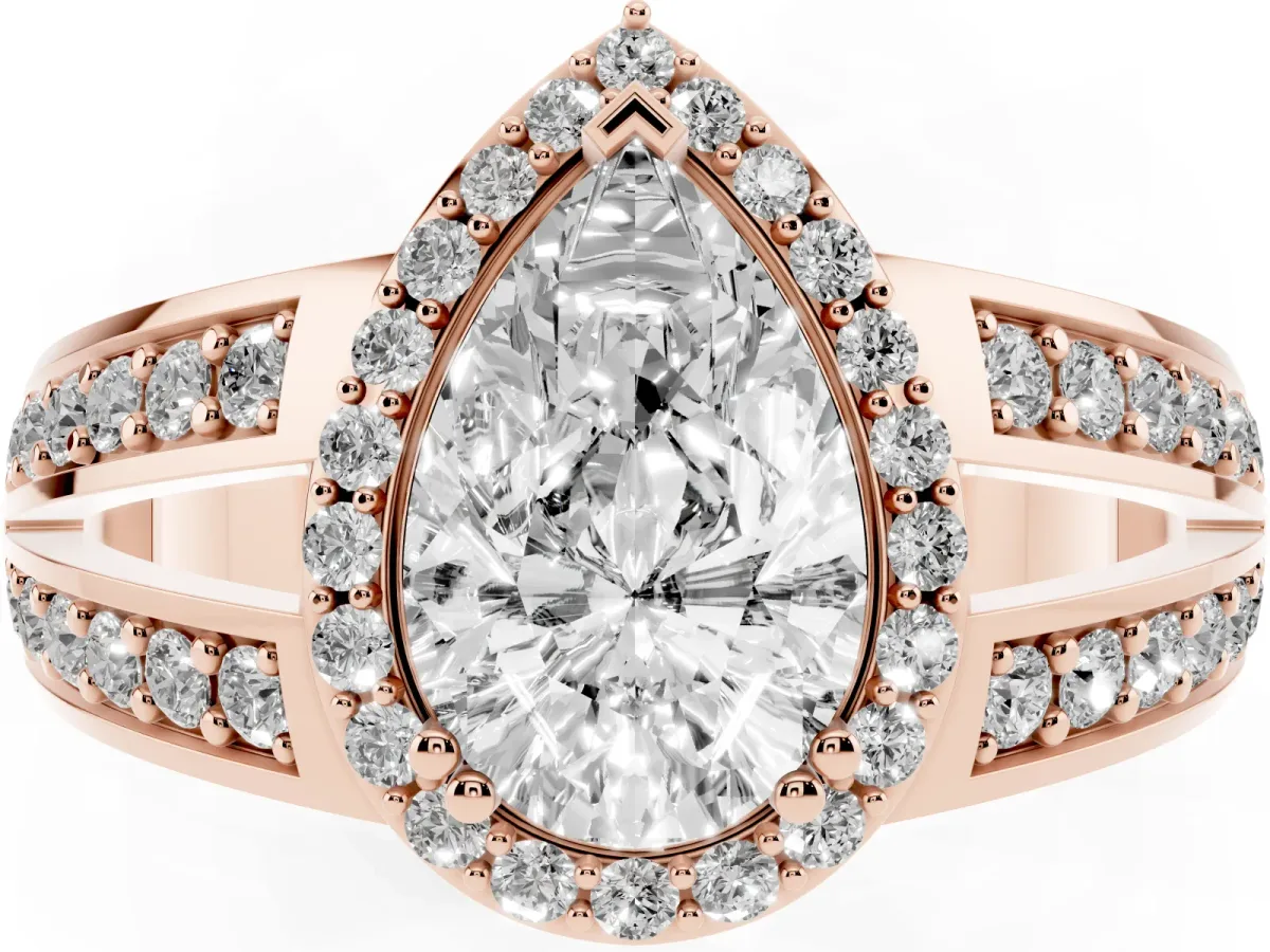 Pear Cut Diamond Halo Ring with Split Shank Pavé Band and Four-Prong Setting Rose gold